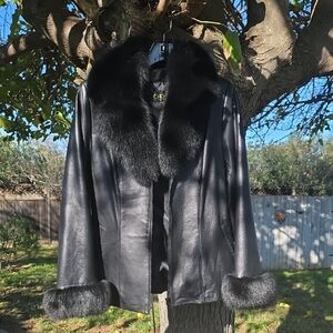 Chosen Couture Collection Chic Black Lambskin Leather Jacket with Fox Fur Trim